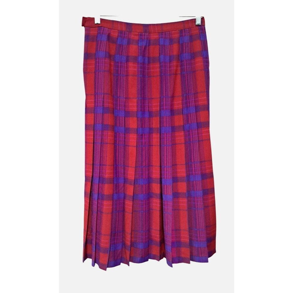 Pendleton Pleated Skirt Womens 6 / 8 Vintage Red Purple Plaid Wool Midi Made USA